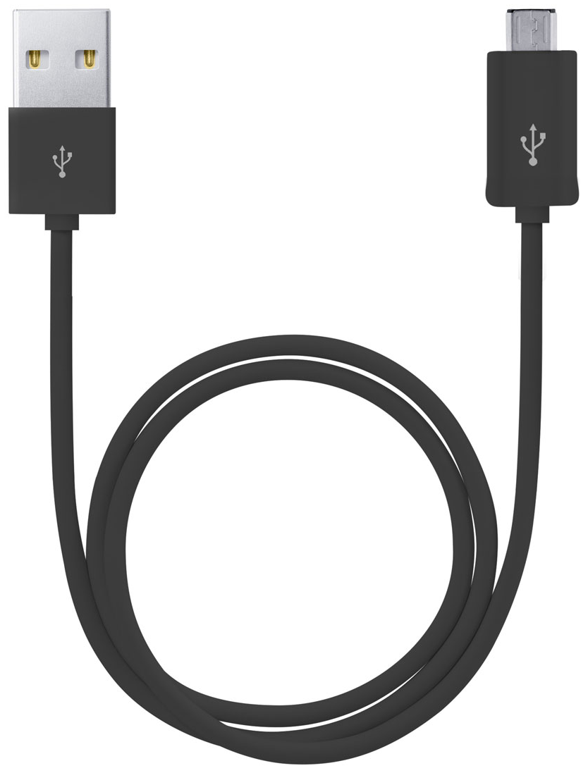 Egy fekete USB kábel USB és mikro USB csatlakozókkal, fehér alapon izolálva.