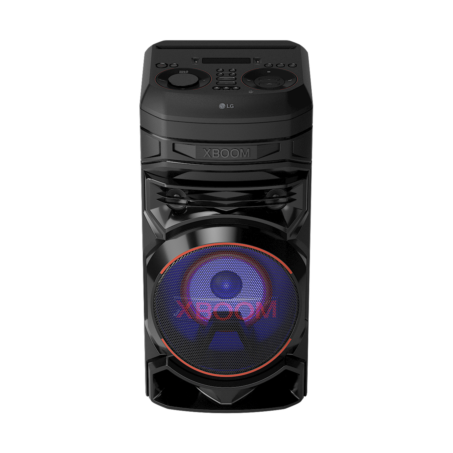 Altoparlante LG XBOOM nero, con una luce blu brillante nell'altoparlante.