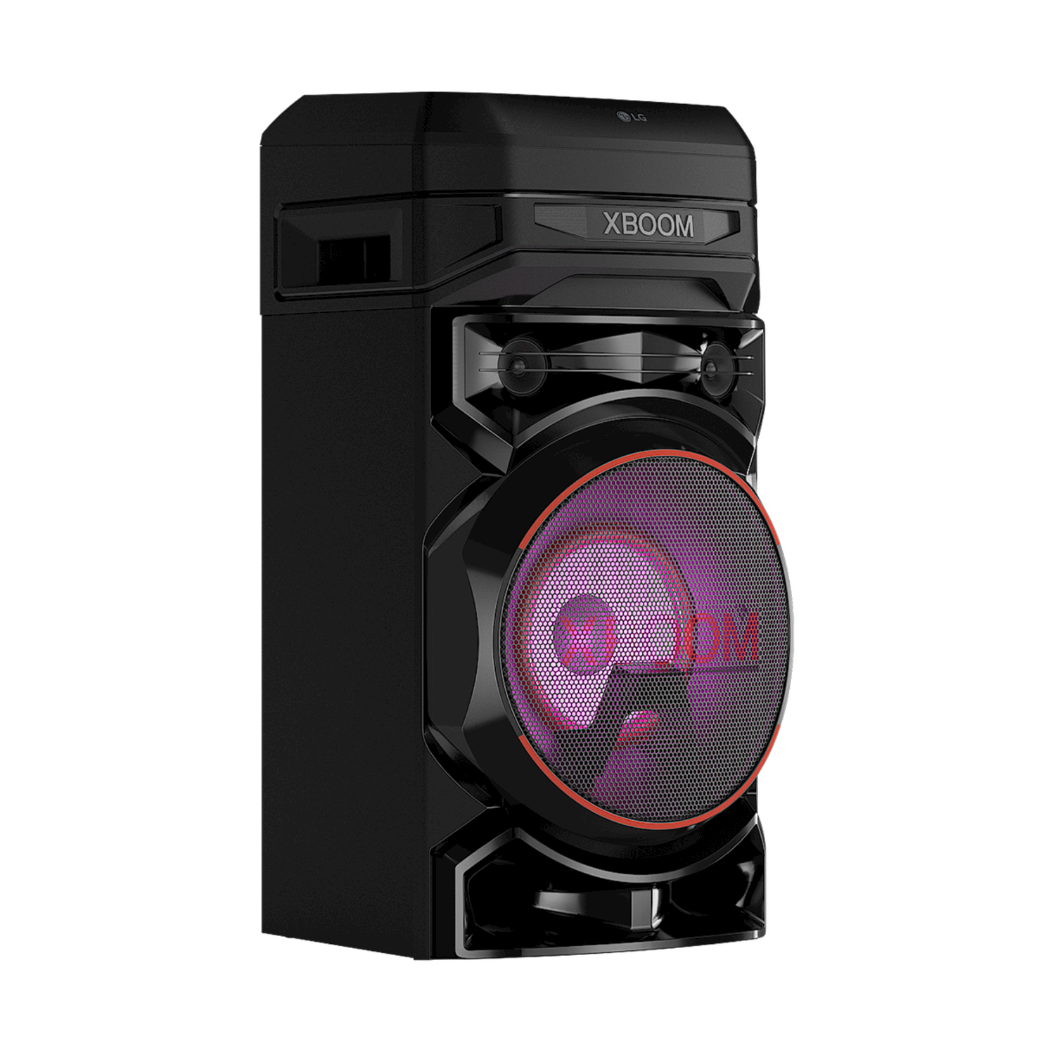 Altoparlante LG XBOOM nero con una luce viola al centro.