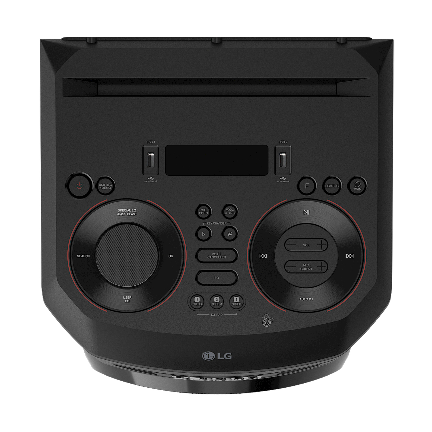 Altoparlante per feste LG nero, vista dall'alto, con pulsanti per accensione, USB e controlli.