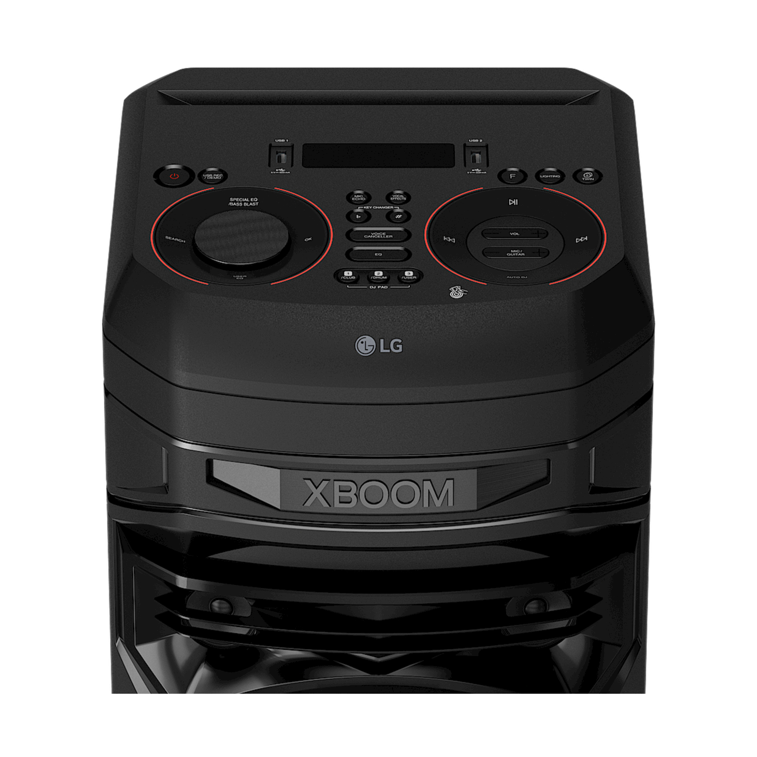 Altoparlante Xboom nero con pannello di controllo in alto, logo LG.