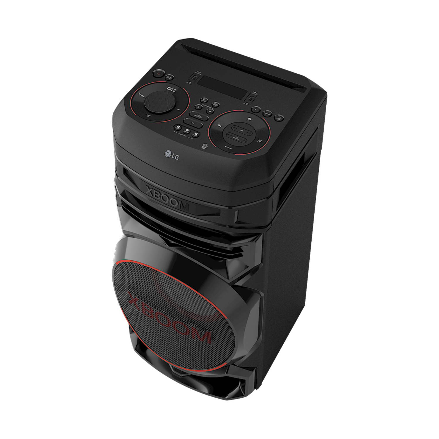 Altoparlante LG XBOOM nero con dettagli rossi. Dispone di pulsanti e una griglia per altoparlanti.