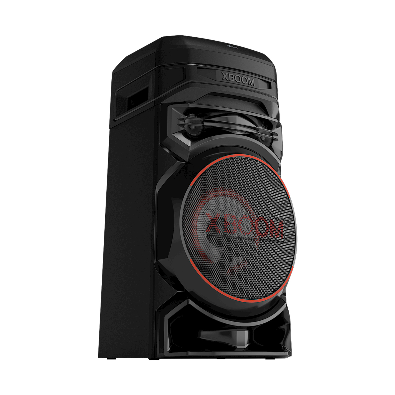 Altoparlante LG Xboom nero con design a cerchio rosso e multipli elementi.