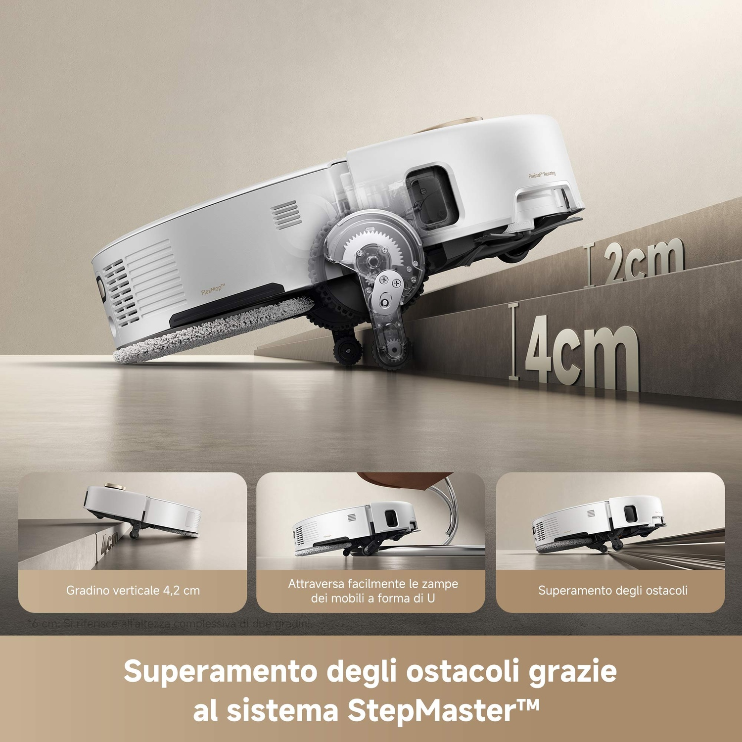 Robot aspirapolvere che supera gli ostacoli, con diagrammi.