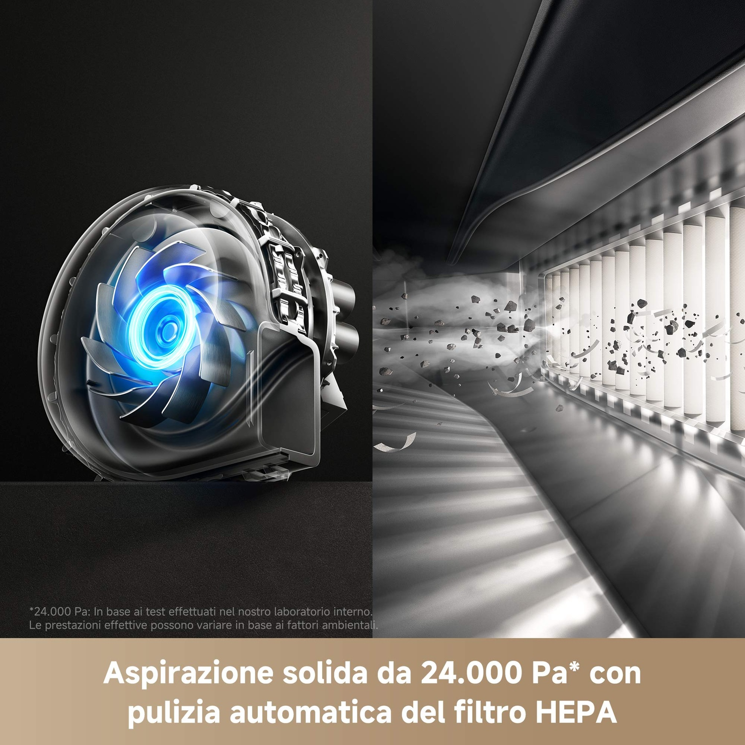 Componenti di un aspirapolvere, con una turbina blu e un filtro HEPA.