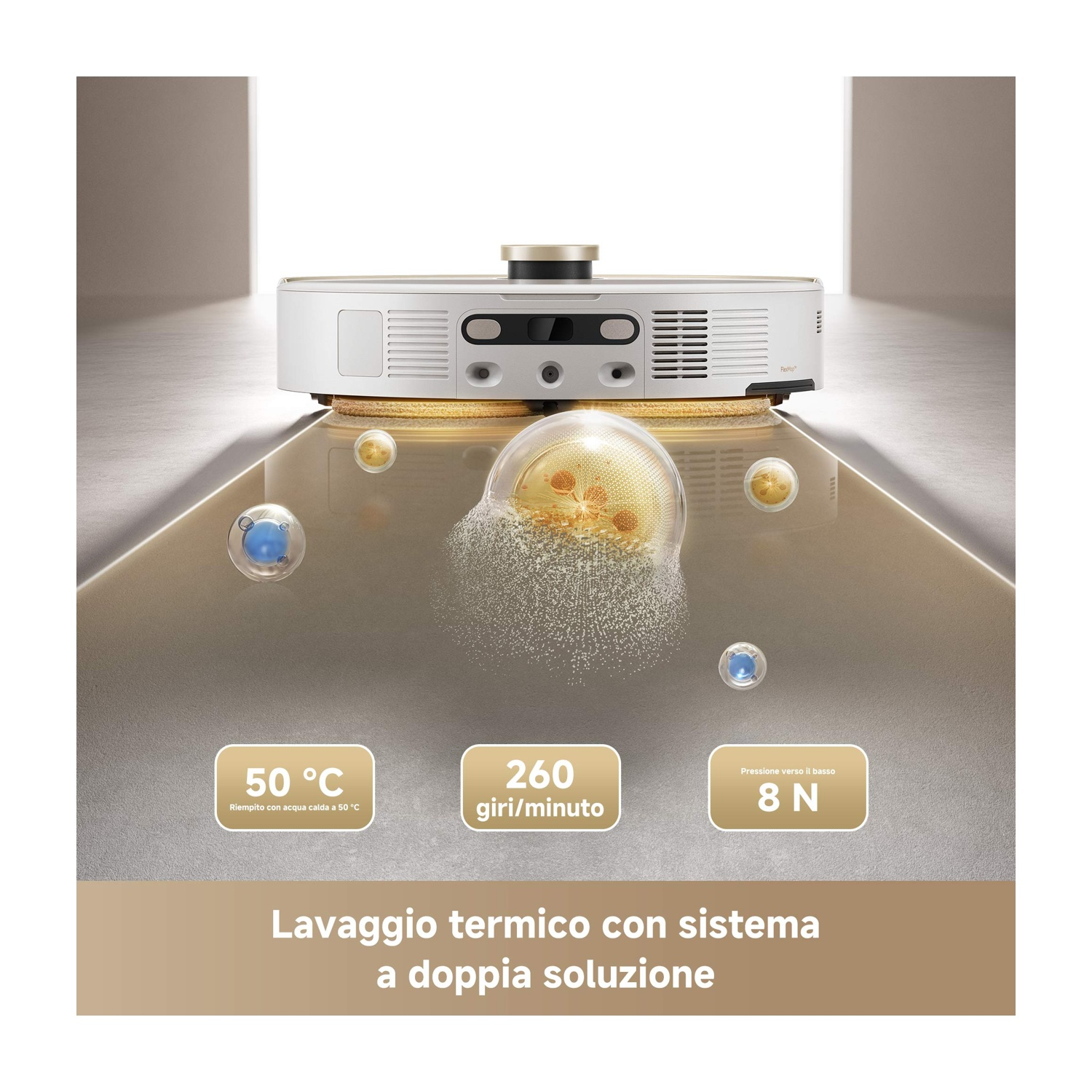 Aspirapolvere robot con funzioni di lavaggio e pulizia.