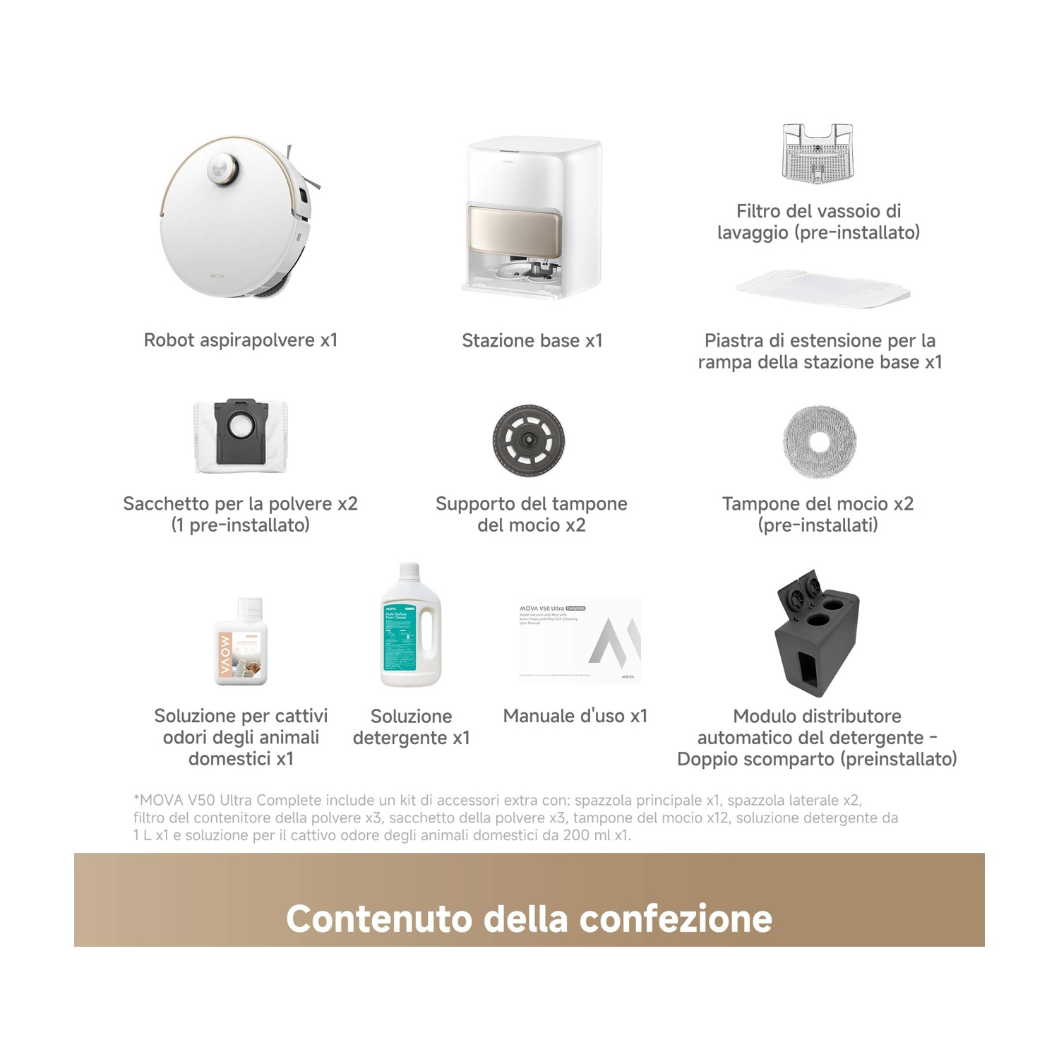 Robot aspirapolvere, stazione base e accessori, inclusi soluzioni di pulizia e manuale.