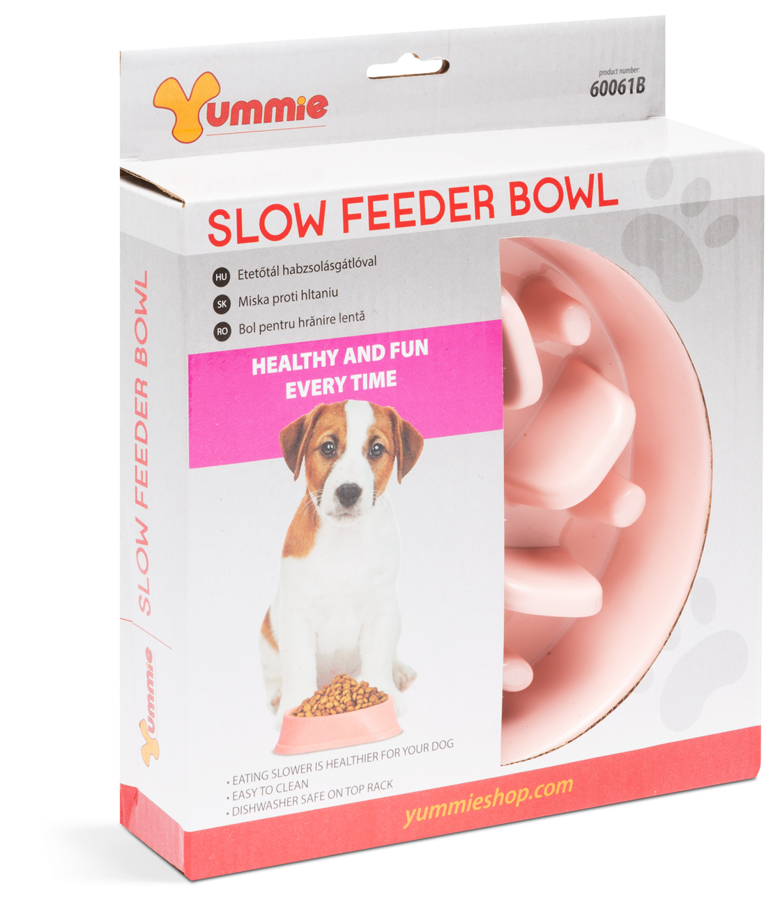 Kutyatál doboz kutya képpel, rózsaszín tál és szöveg: Slow Feeder Bowl.