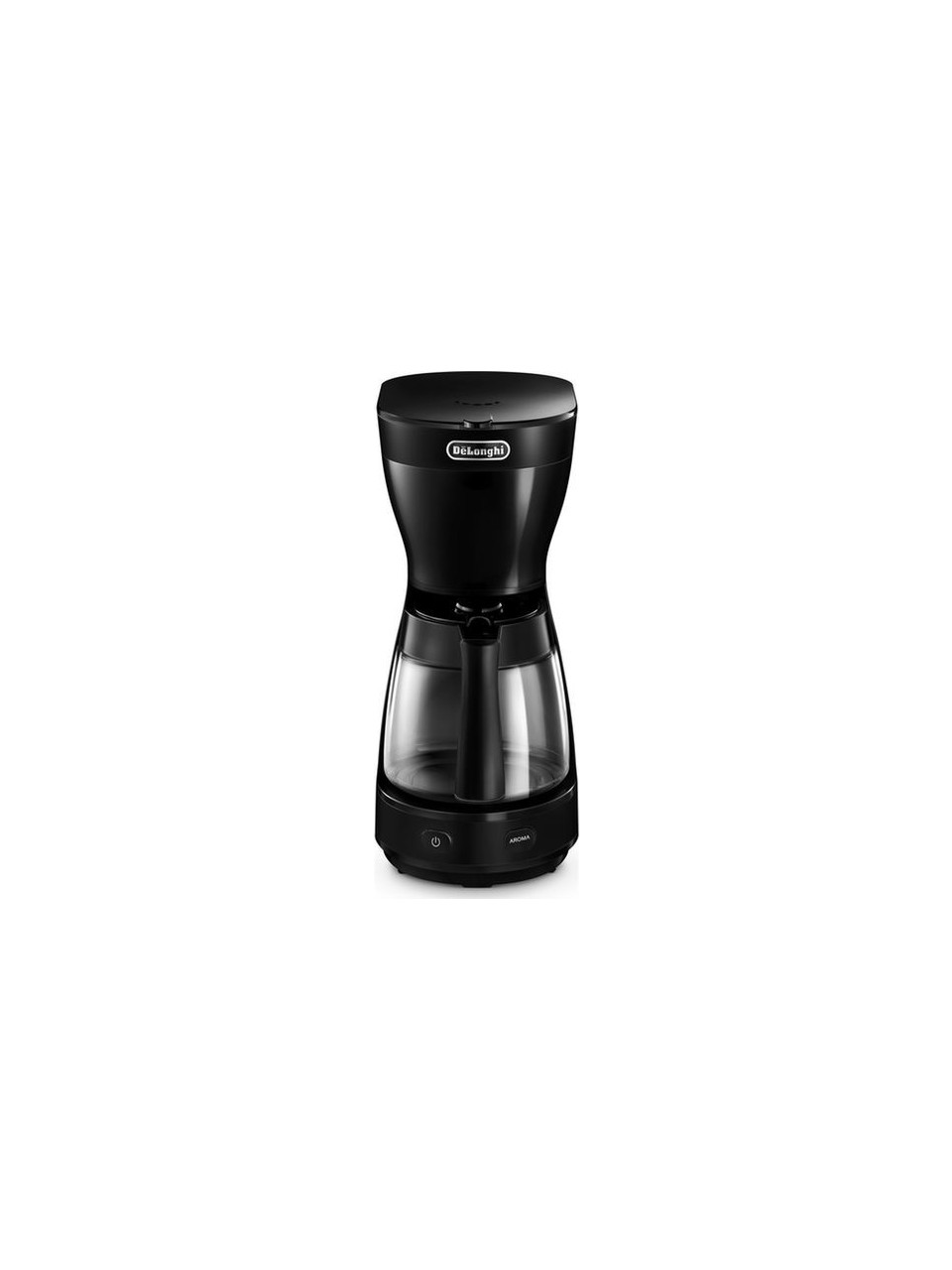 Siyah DeLonghi kahve makinesi, beyaz arka plan.