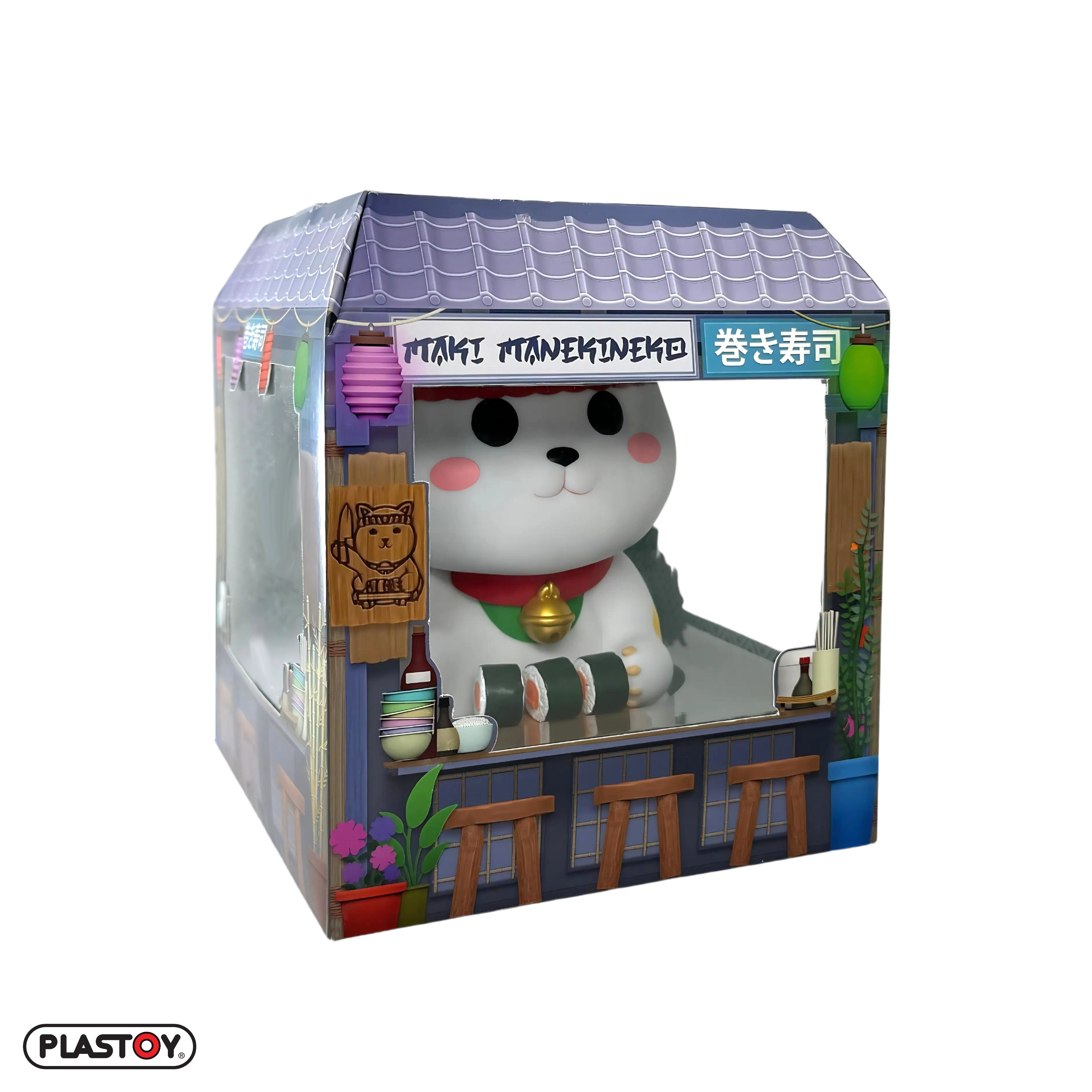 Katzenfigur in einem Sushi-Shop-Diorama. Weiße Katze mit rotem Halsband, in einer Box.