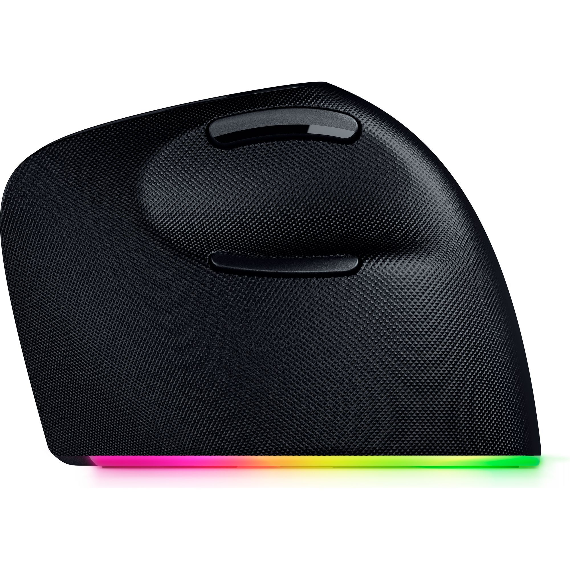 Schwarze ergonomische Maus mit RGB-Beleuchtung am unteren Rand. Weißer Hintergrund.
