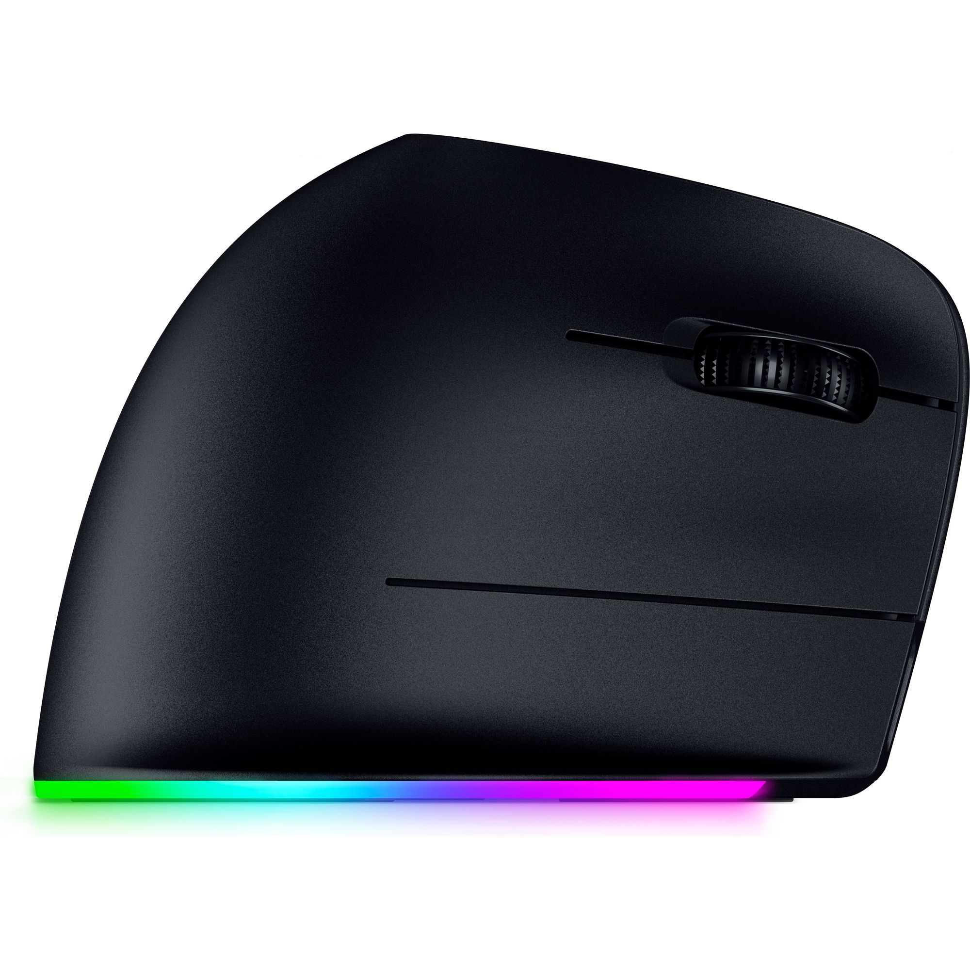 Schwarze ergonomische Maus, Seitenansicht, mit RGB-Beleuchtung am unteren Rand, weißer Hintergrund.