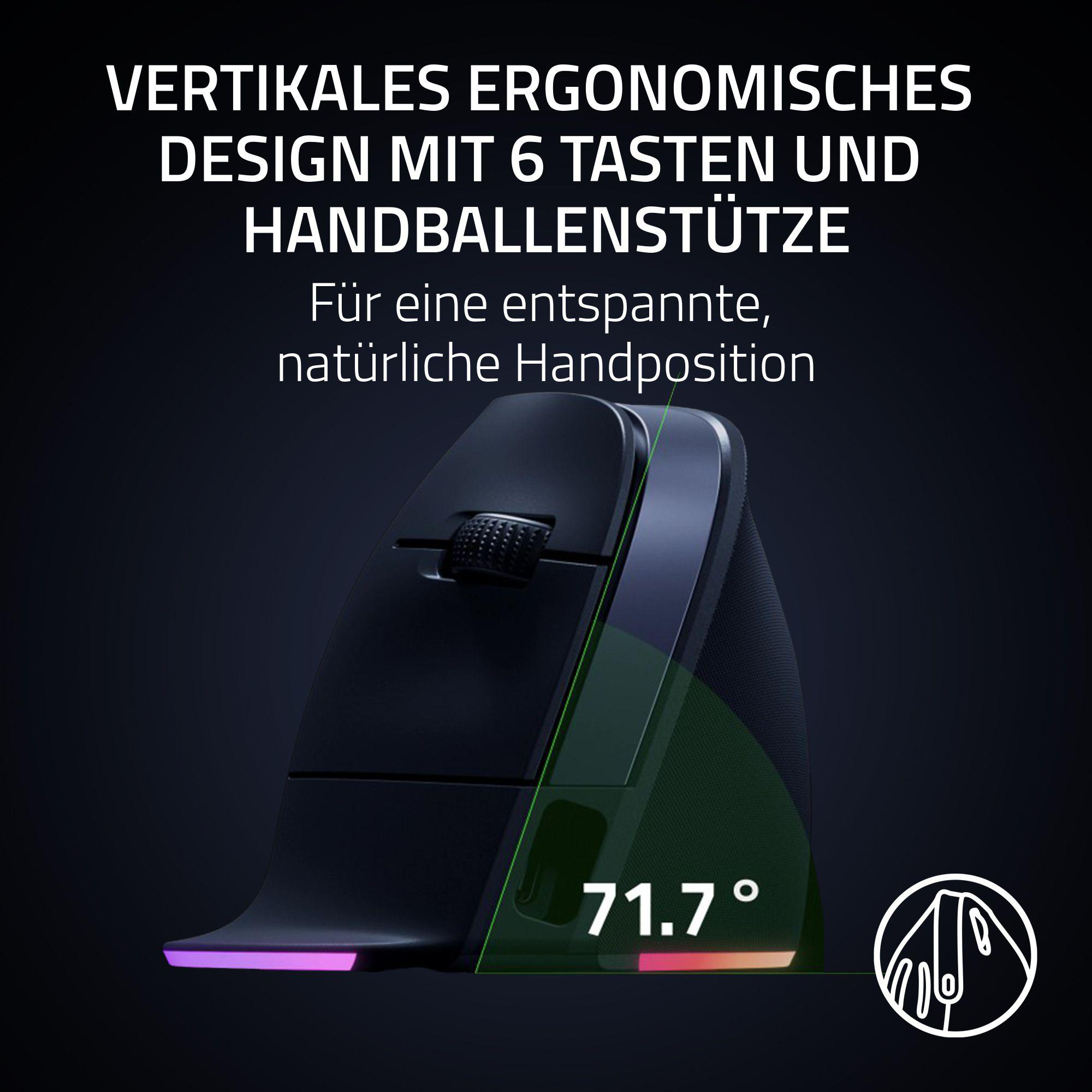 Ergonomische Maus mit Text über ihr Design. Schwarz und grüne Farbe, weißer Hintergrund.