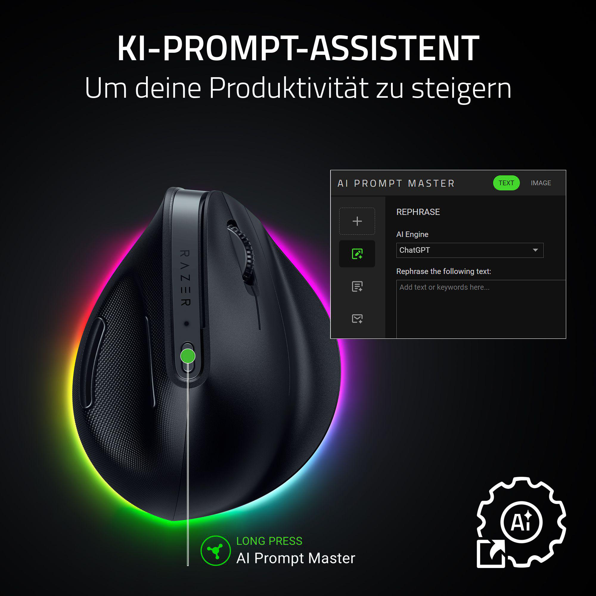 Eine Razer-Maus mit grüner Taste und AI Prompt Master-Oberfläche.