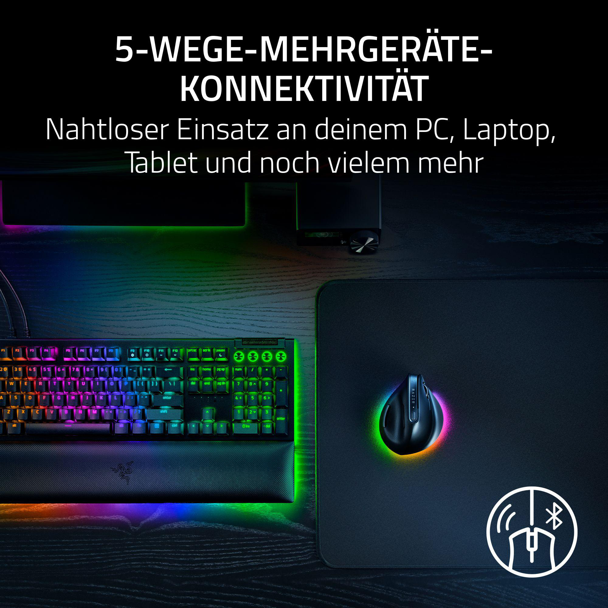 Eine Tastatur und Maus mit Regenbogenlichtern. Text: 5-WEGE-MEHRGERÄTE-KONNEKTIVITÄT. Es ist auf schwarzem Untergrund.