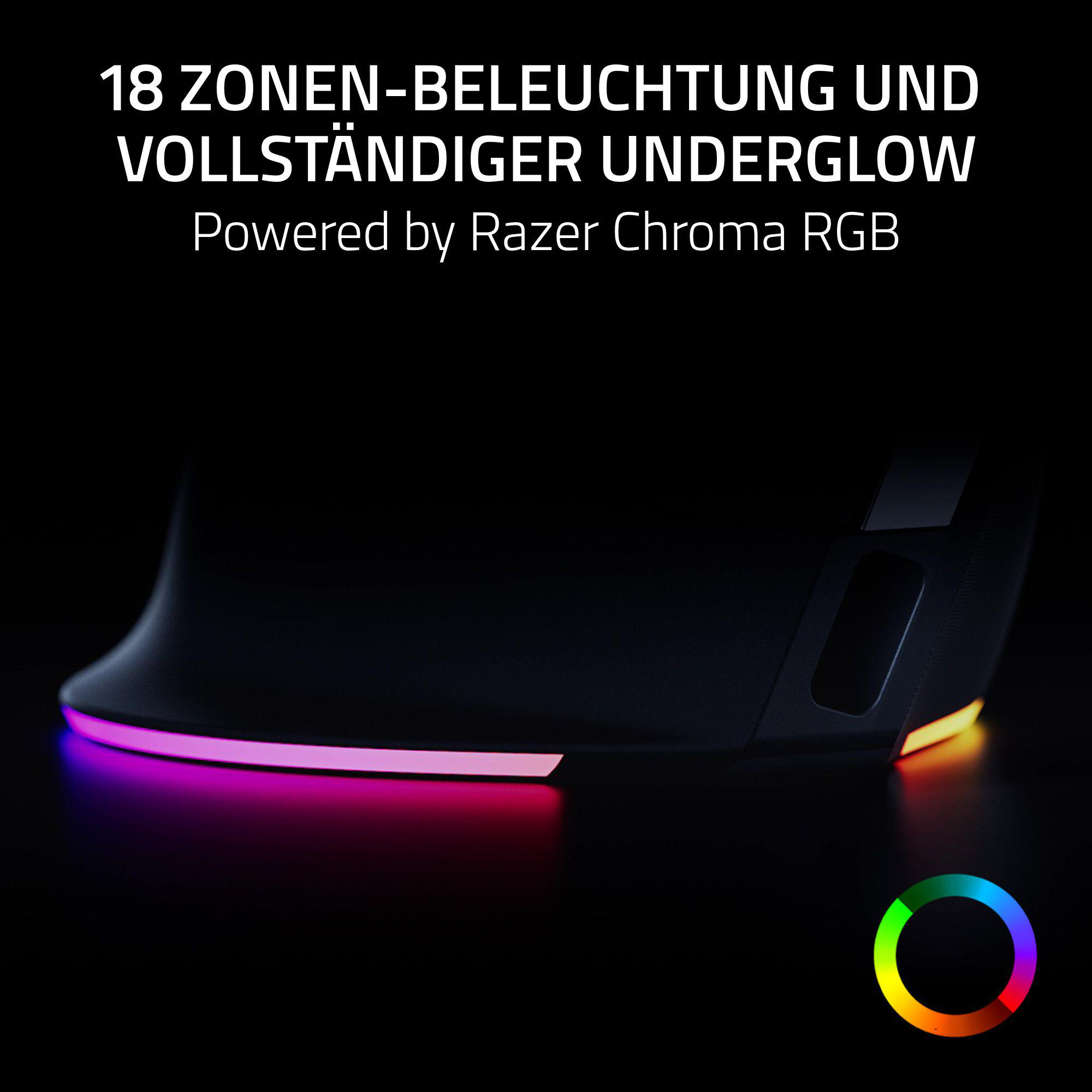 Schwarze Razer-Maus mit beleuchtetem Unterboden und Text über Razer Chroma RGB.