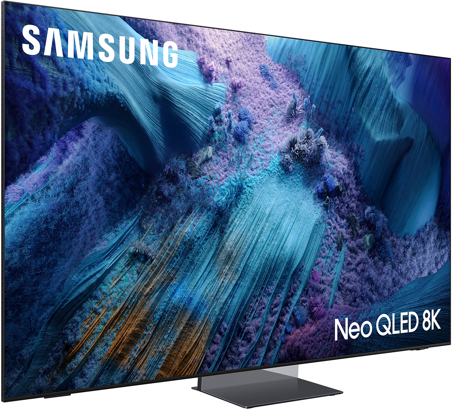 Samsung Neo QLED 8K TV, fekete keret, nagy kijelző, absztrakt kék művészettel.