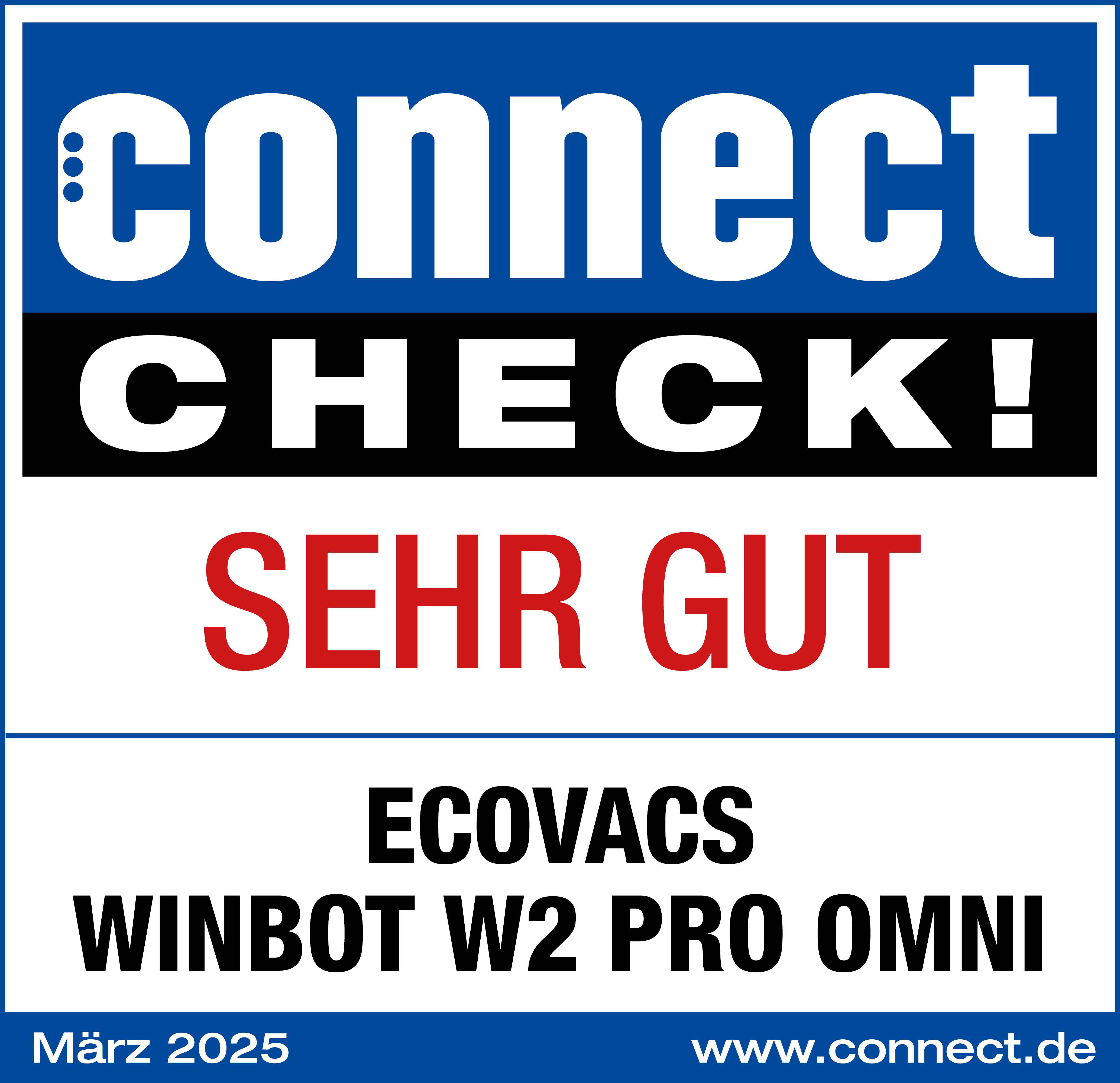 Connect Check! Sehr gute Bewertung, Ecovacs Winbot W2 Pro Omni, März 2025.