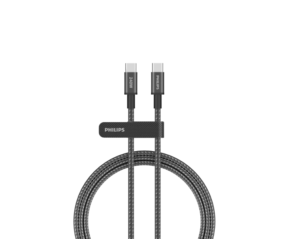 Gri örgülü tasarıma ve Philips logosuna sahip siyah bir USB-C kablosu.