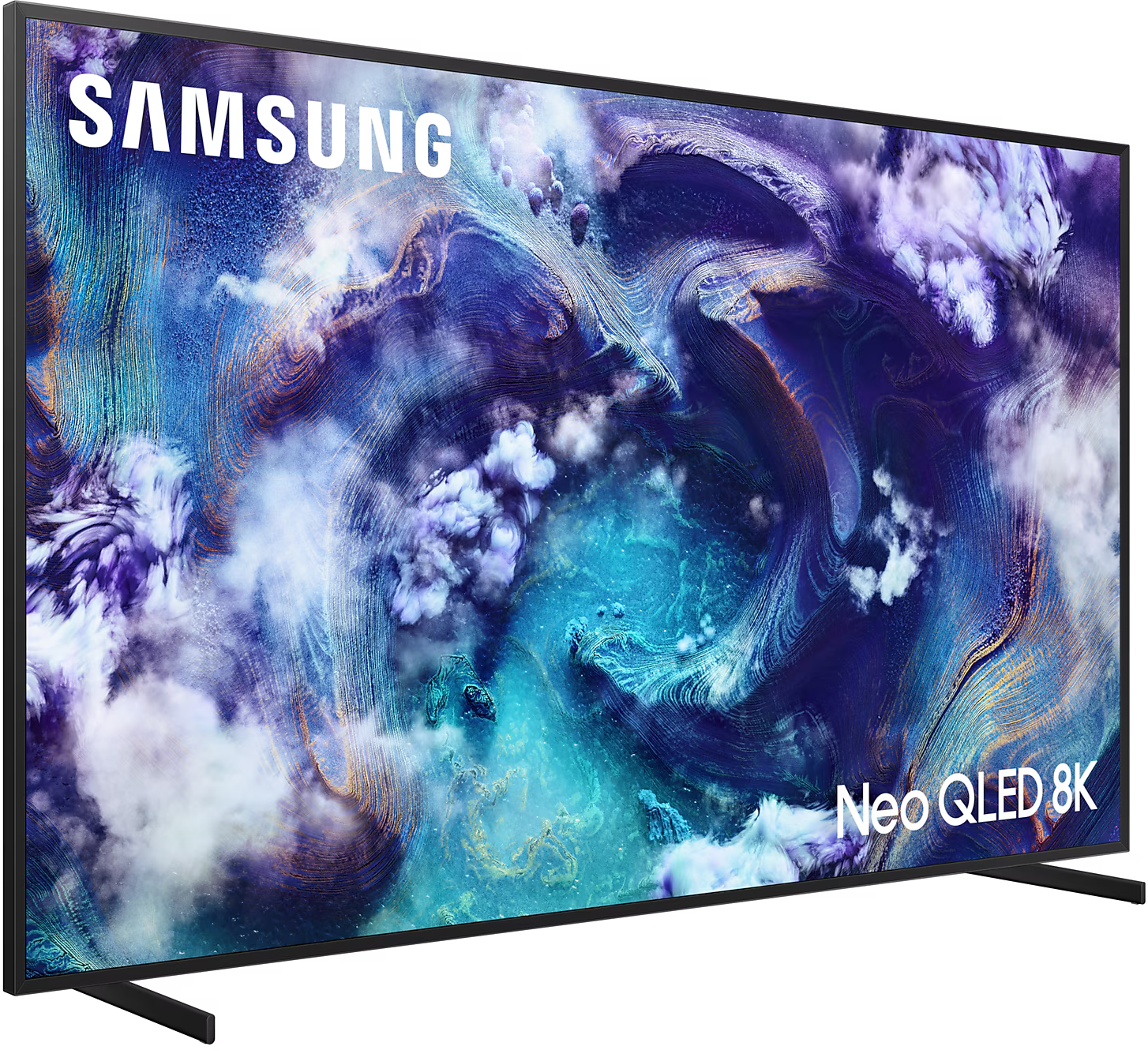 Egy Samsung Neo QLED 8K TV színes, absztrakt képet jelenít meg a 'Samsung' logóval.