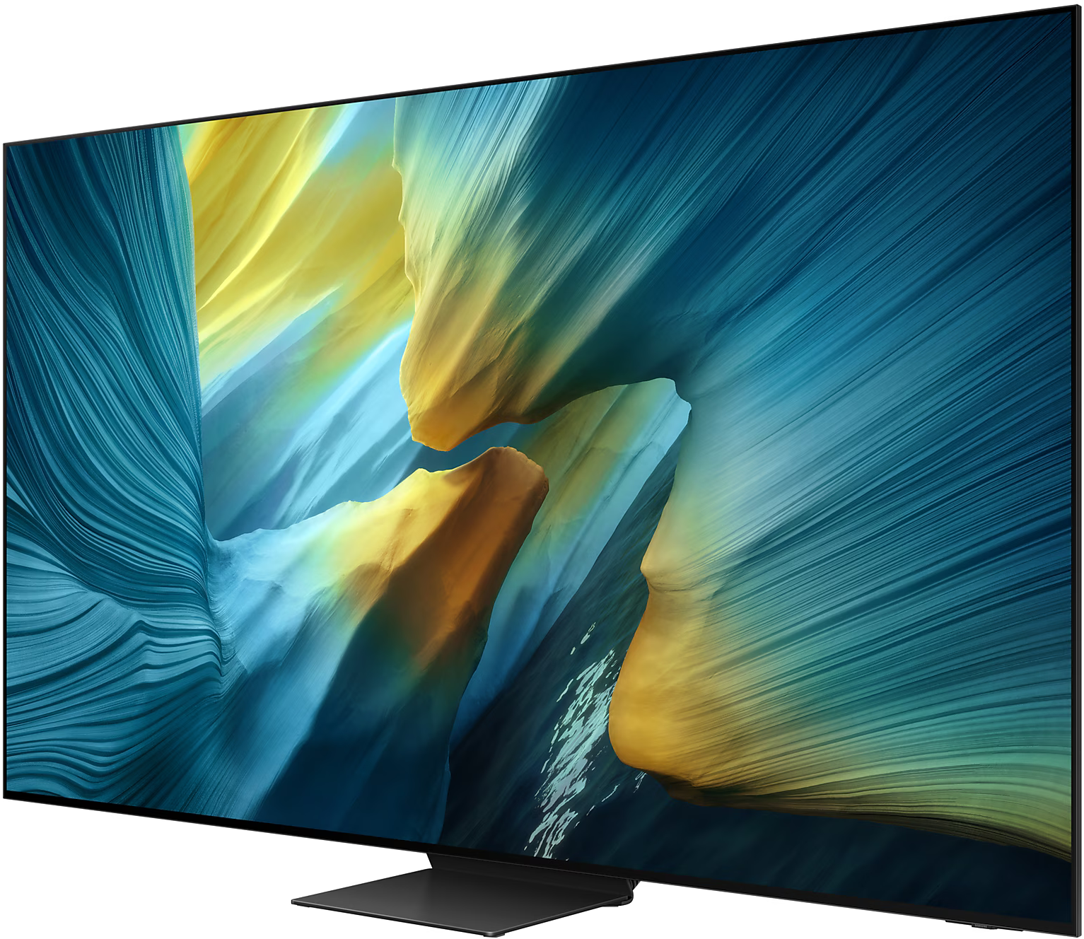Egy nagyméretű, lapos képernyős TV kék és sárga absztrakt képeket jelenít meg. A TV fekete kerettel rendelkezik.