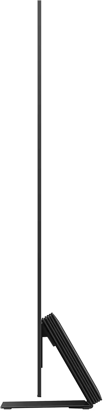 Egy nagyon vékony fekete TV minimalista dizájnnal. Fekete állványon van. Az oldalsó nézet látható.