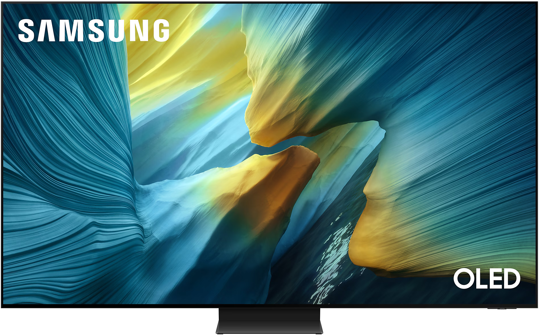 Samsung OLED TV, síkképernyős, élénk kék és sárga absztrakt művészettel a képernyőn.