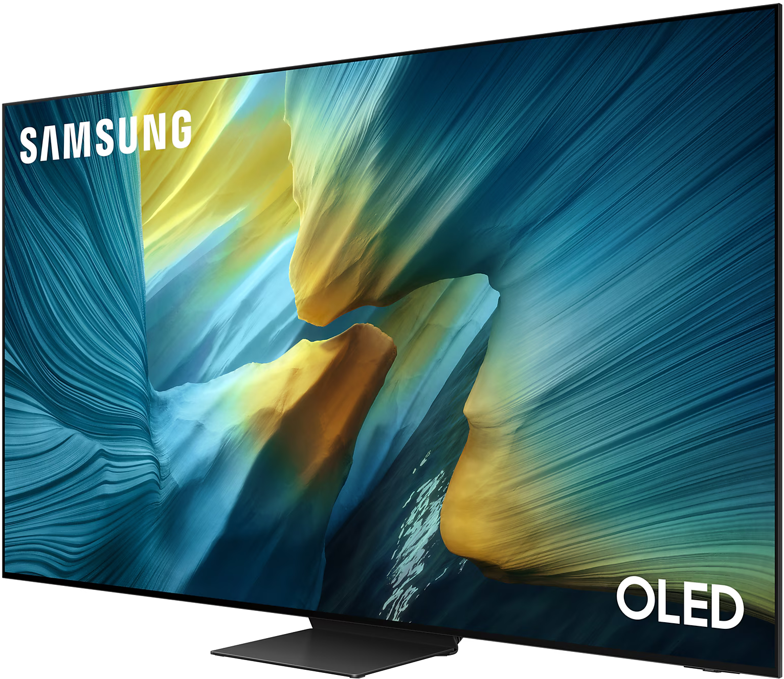 Egy nagyméretű Samsung OLED TV kék, sárga és fehér absztrakt művészetet jelenít meg.