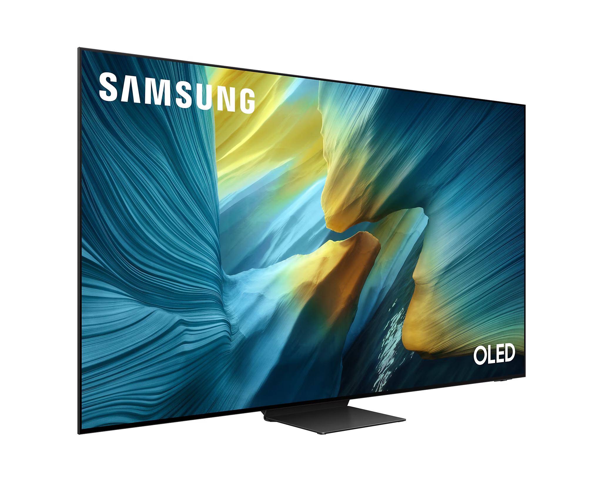 A Samsung OLED TV egy absztrakt kék és sárga hátteret jelenít meg. A TV fekete állvánnyal és kerettel rendelkezik.