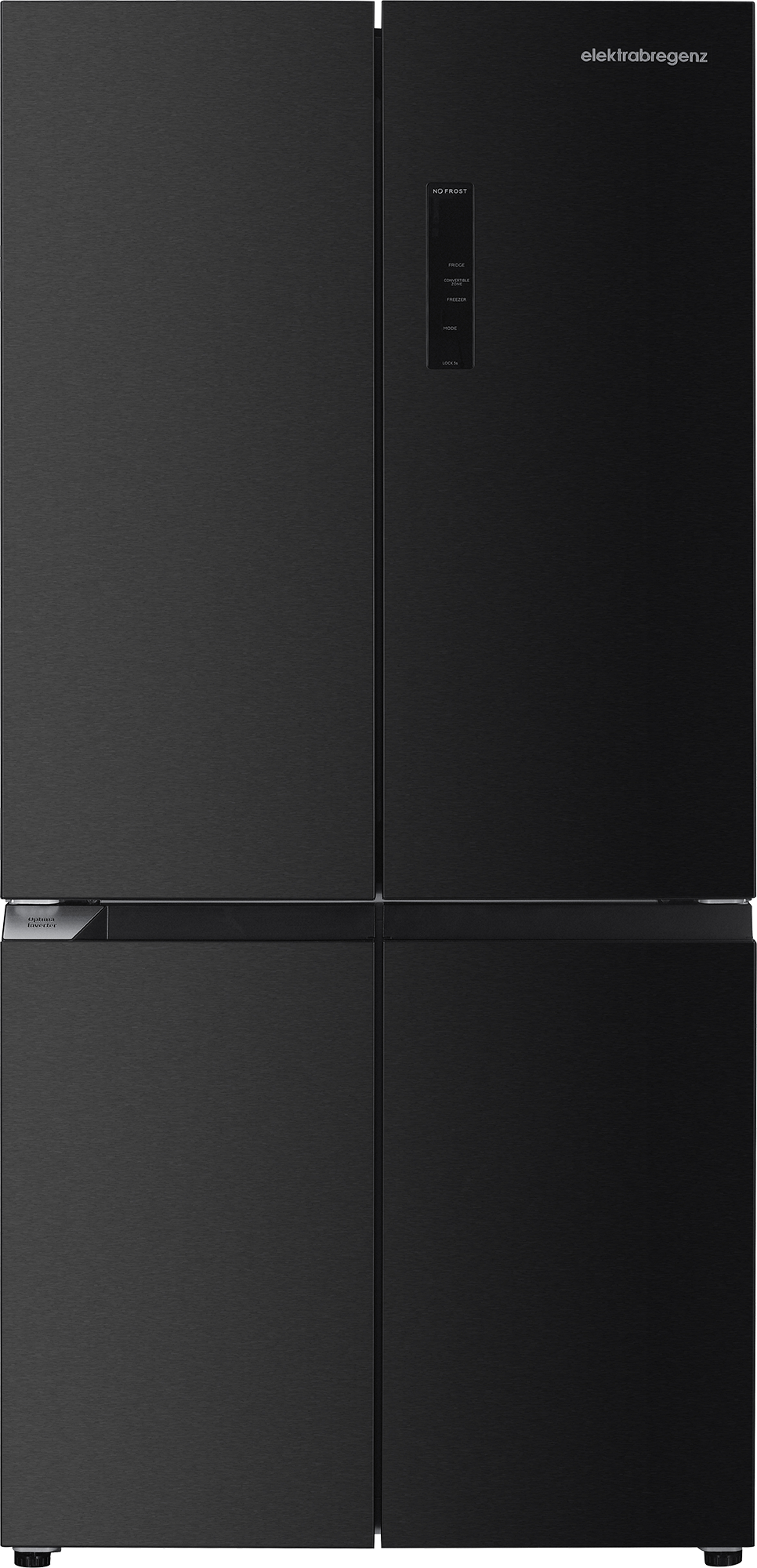 Ein schwarzer Kühlschrank mit vier Türen. Der Markenname ist oben sichtbar. Die Türen sind schlank und modern.