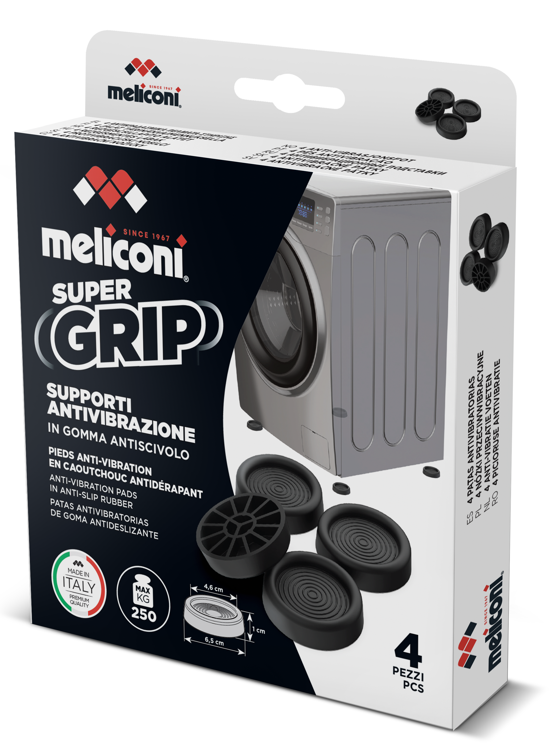 Doboz Meliconi Super Grip rezgéscsillapító párnákkal mosógépekhez.