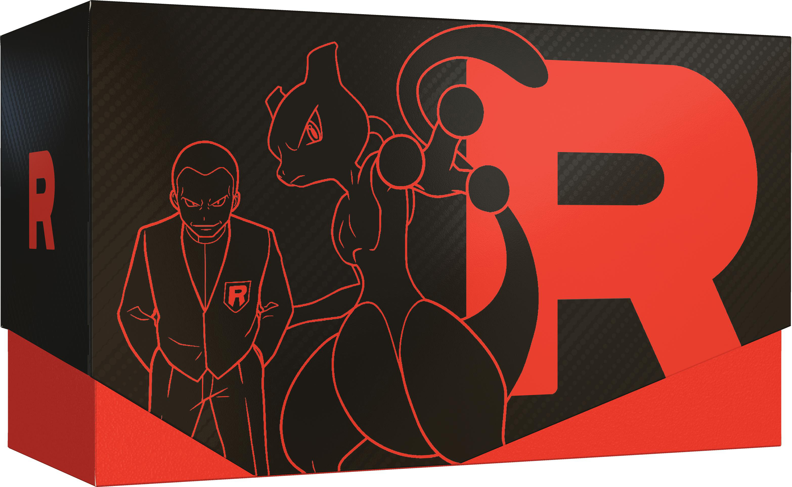 Eine Pokémon Trading Card Game Box mit rotem und schwarzem Team Rocket Design und Mewtwo Bildern.