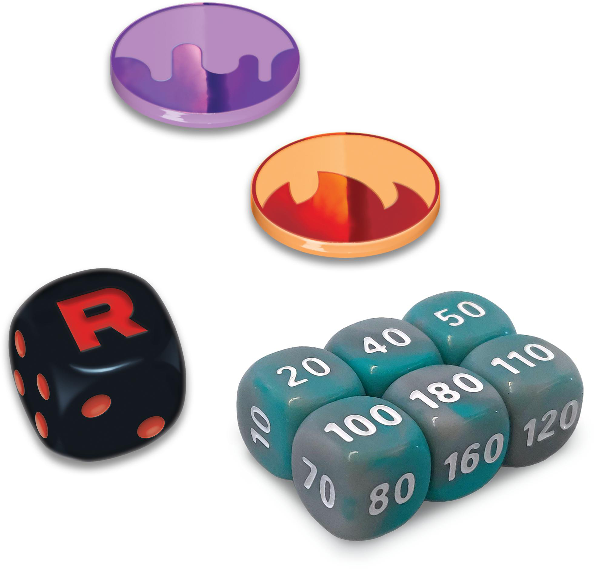 Würfel, Münzen und ein Würfel mit dem Buchstaben R. Für ein Spiel verwendet.