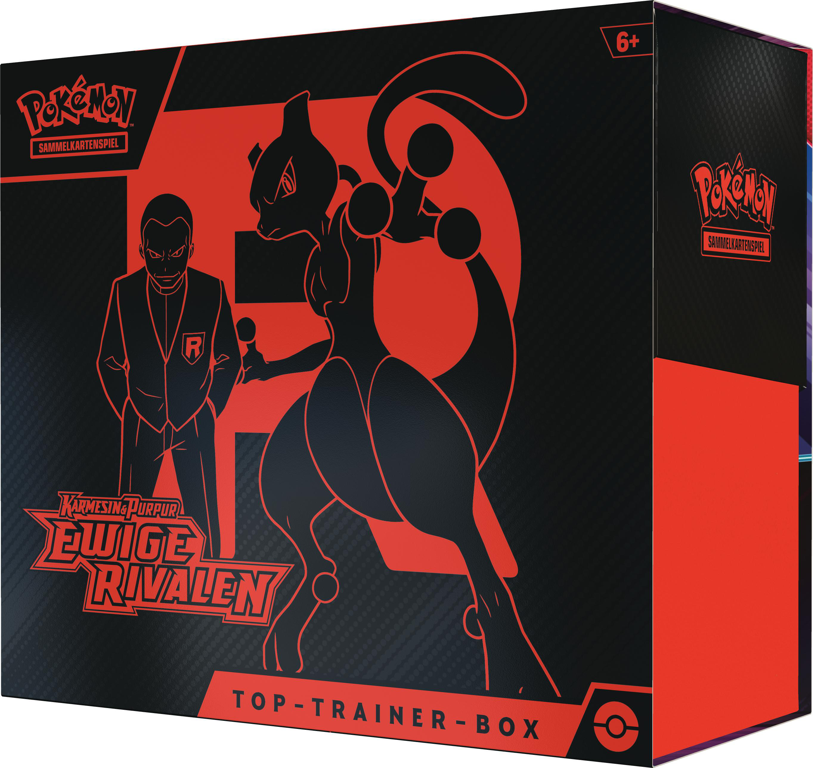 Schwarze und rote Pokémon Top-Trainer Box. Enthält Mewtwo und Team Rocket Charaktere.