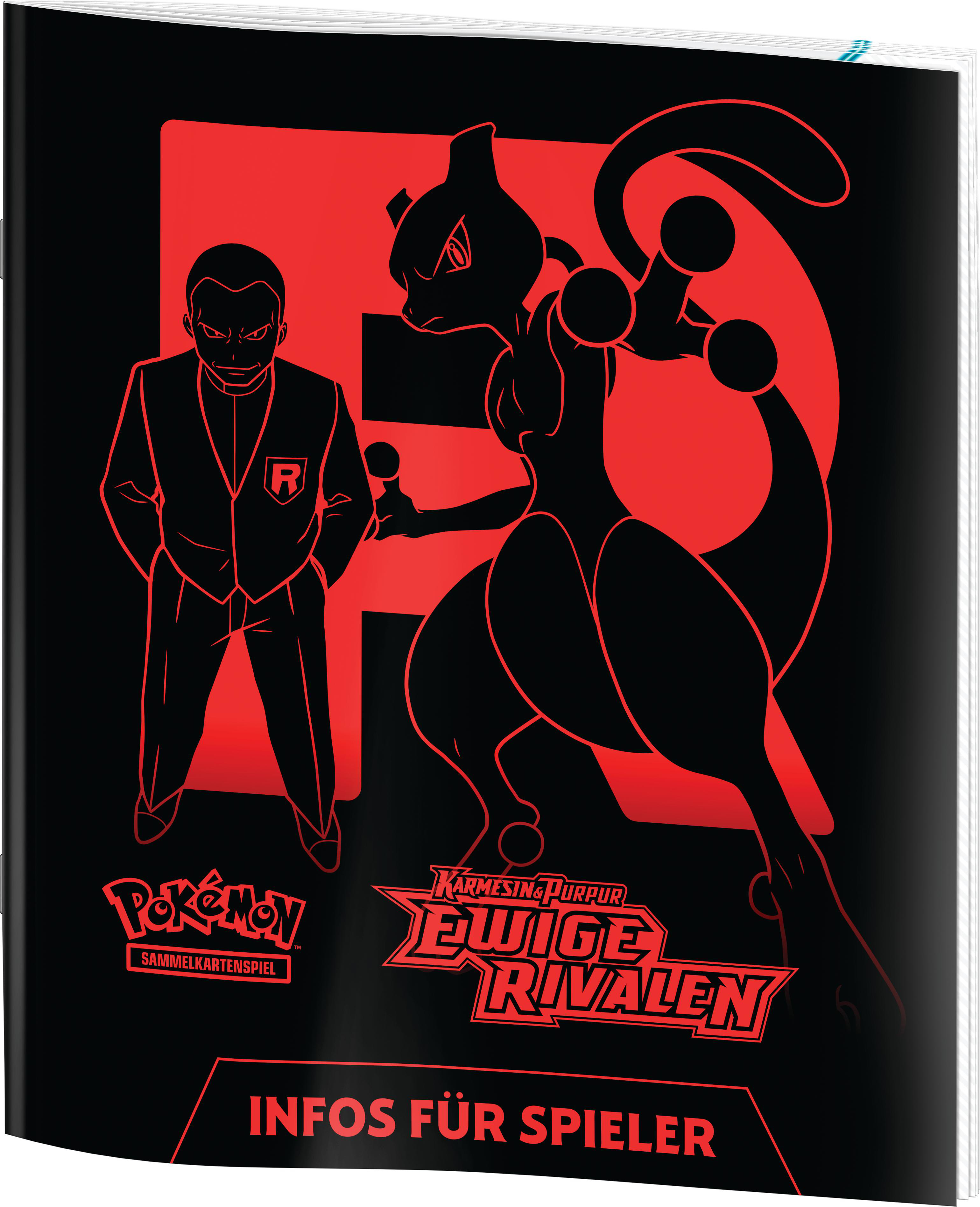 Pokemon-Sammelkartenspiel-Werbematerial: Mewtu und Team Rocket-Mitglied auf schwarzem Hintergrund.