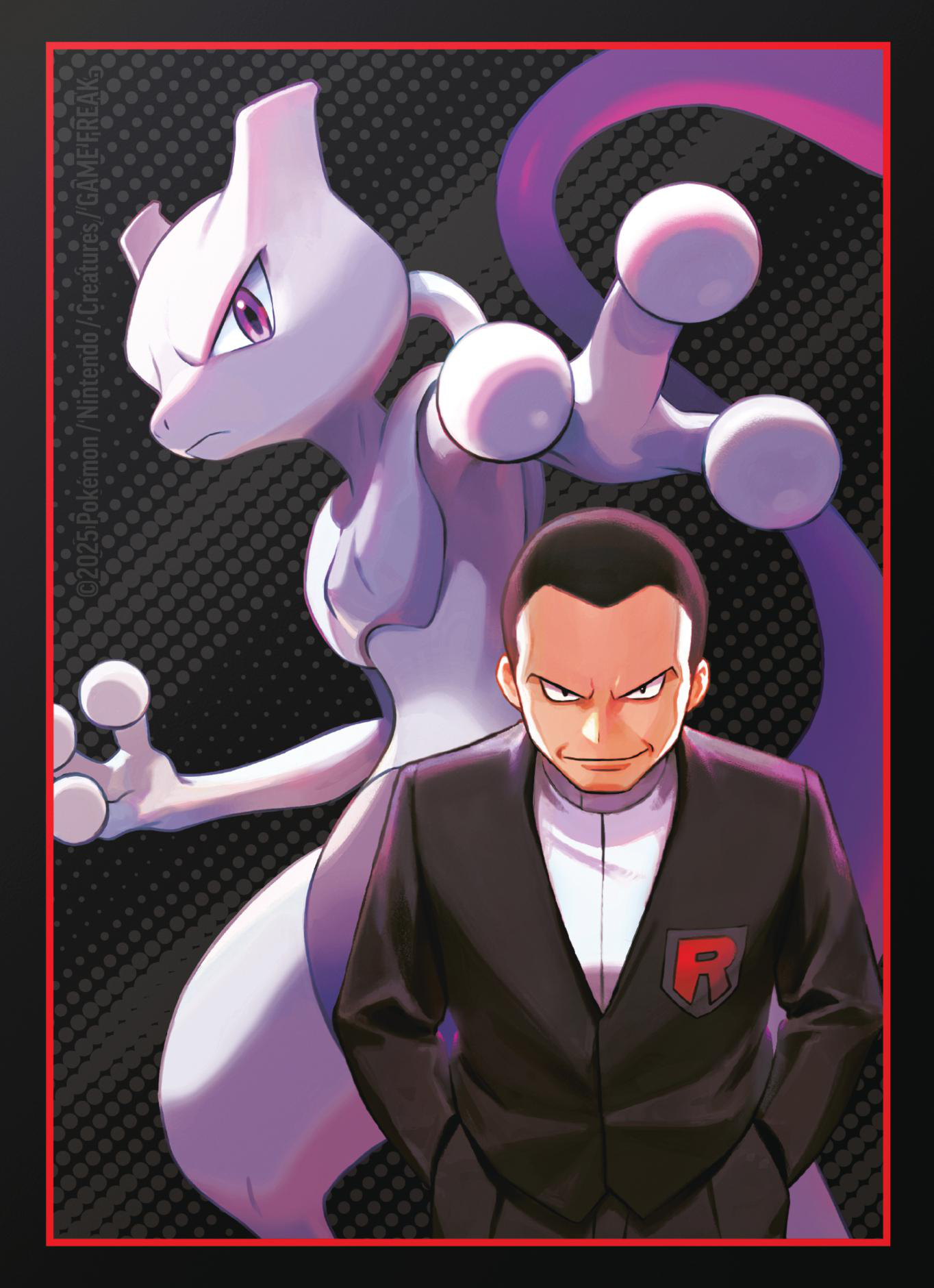 Mann im Anzug mit Pokemon-Charakter. Rotes 'R' auf der Brust, dunkler Hintergrund.