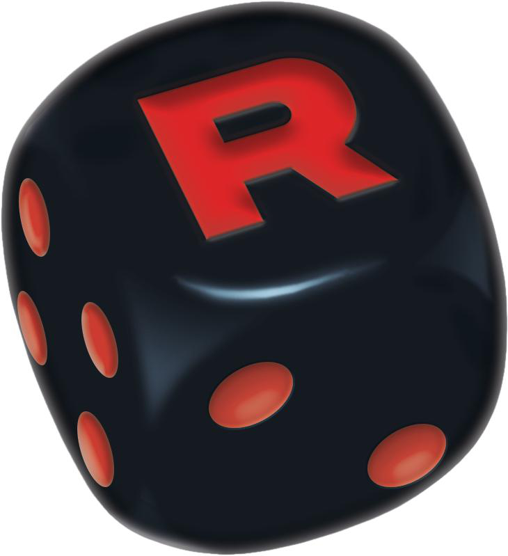 Ein schwarzer Würfel mit rotem 'R' auf einer Seite und roten Punkten. Andere Seiten haben Punkte.