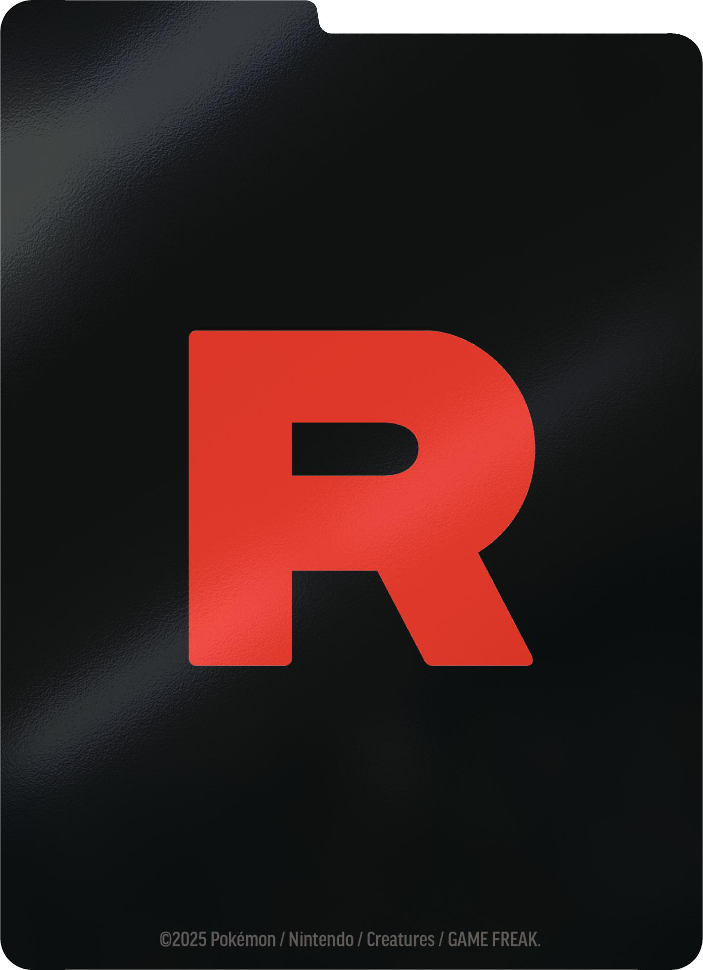 Eine schwarze Karte mit einem großen roten "R"-Logo. Einfaches, kühnes Design, auf schwarzem Hintergrund.