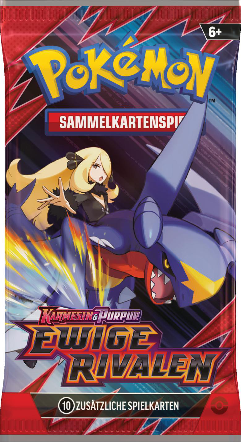 Eine Pokemon-Sammelkartenpackung mit rotem Hintergrund, mit einer Garchomp- und Cynthia-Illustration.