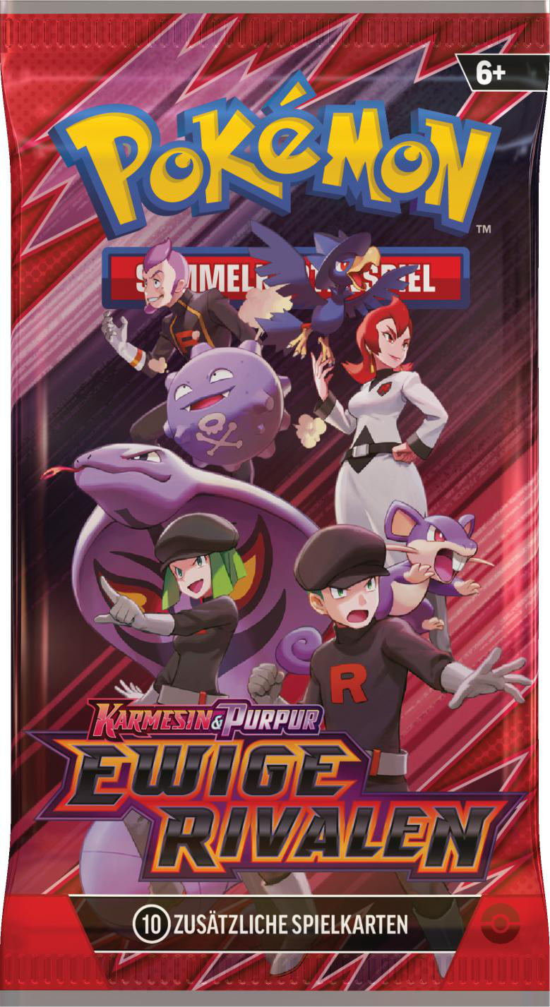 Eine rote Pokémon-Kartenpackung mit verschiedenen Charakteren und dem Pokémon-Logo.