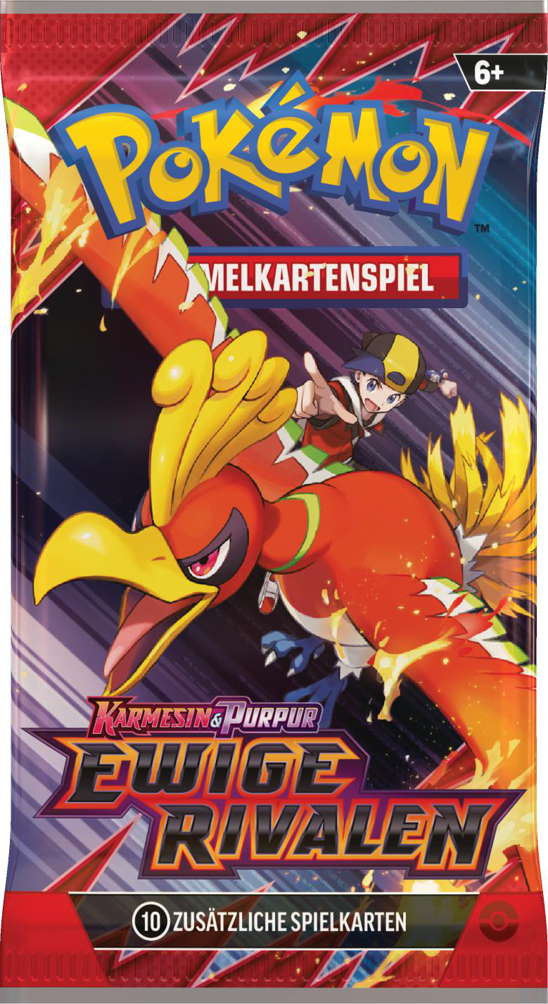 Pokemon-Kartenpackung mit rotem und gelbem Vogel auf der Vorderseite.