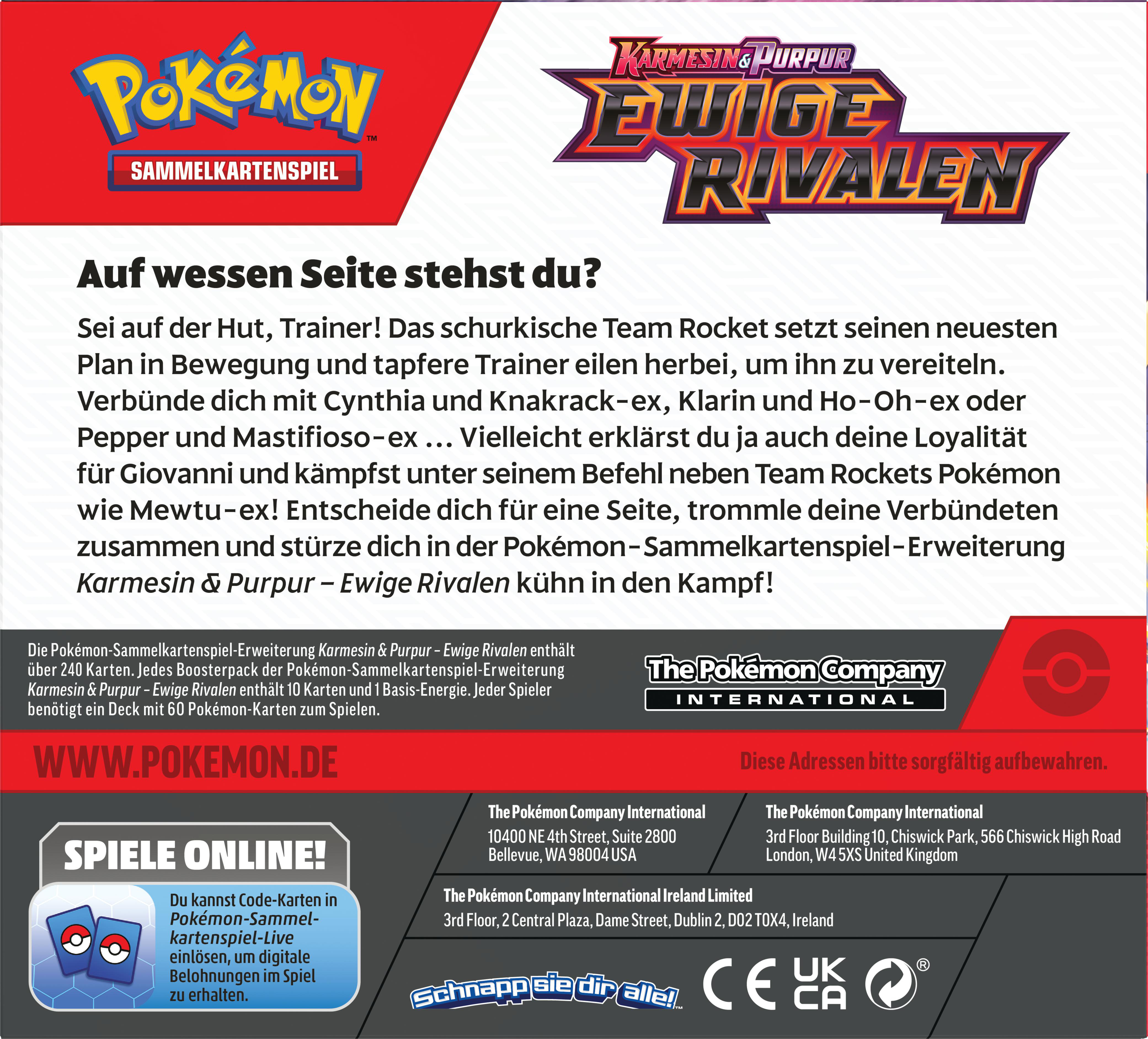 Eine Werbekarte für das Pokemon-Kartenspiel mit Text und Logos.