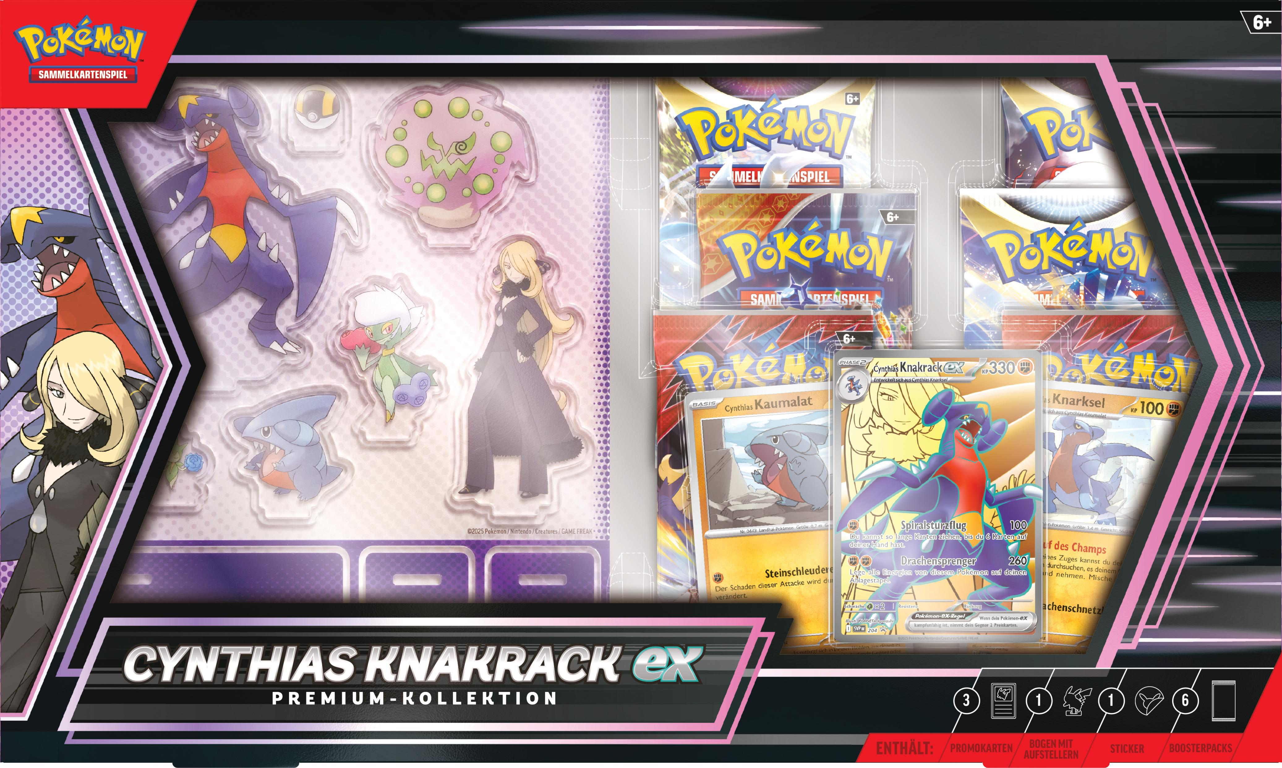 Schachtel mit Pokémon-Karten mit Grafiken von Cynthia und Garchomp, mit Kartenpaketen und Promokarten.