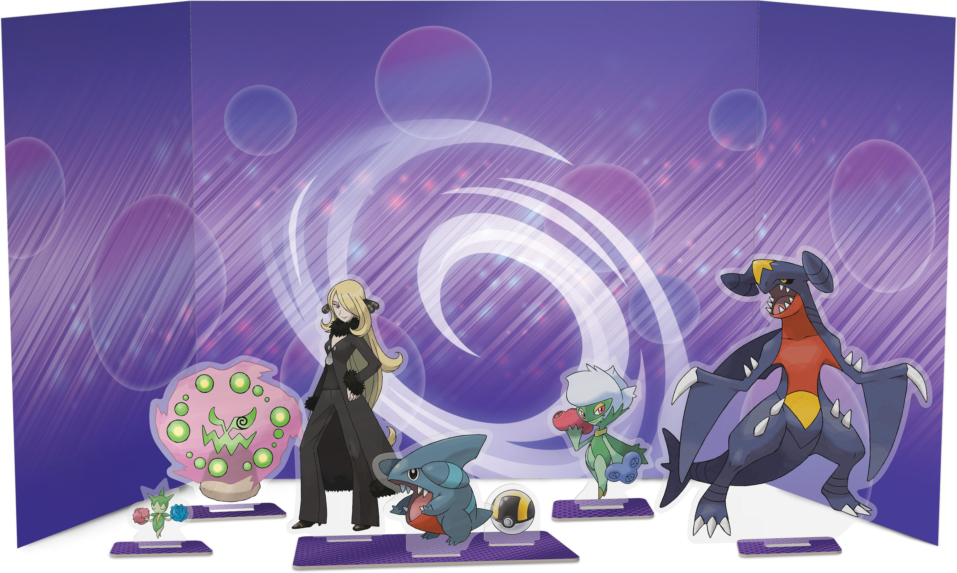Pokemon-Figuren auf einer Bühne mit lila und weißem Hintergrund.