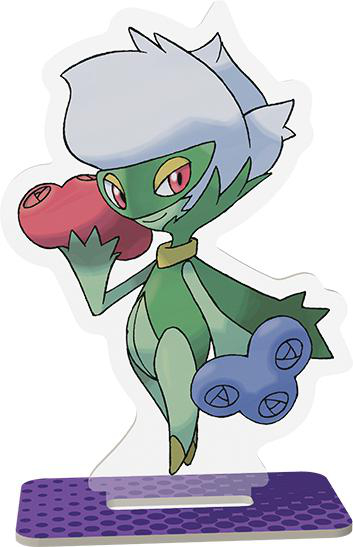 Eine Pokémon-Figur. Eine grüne Figur mit weißen und rosa Blumen. Sie steht auf einer lila Basis.