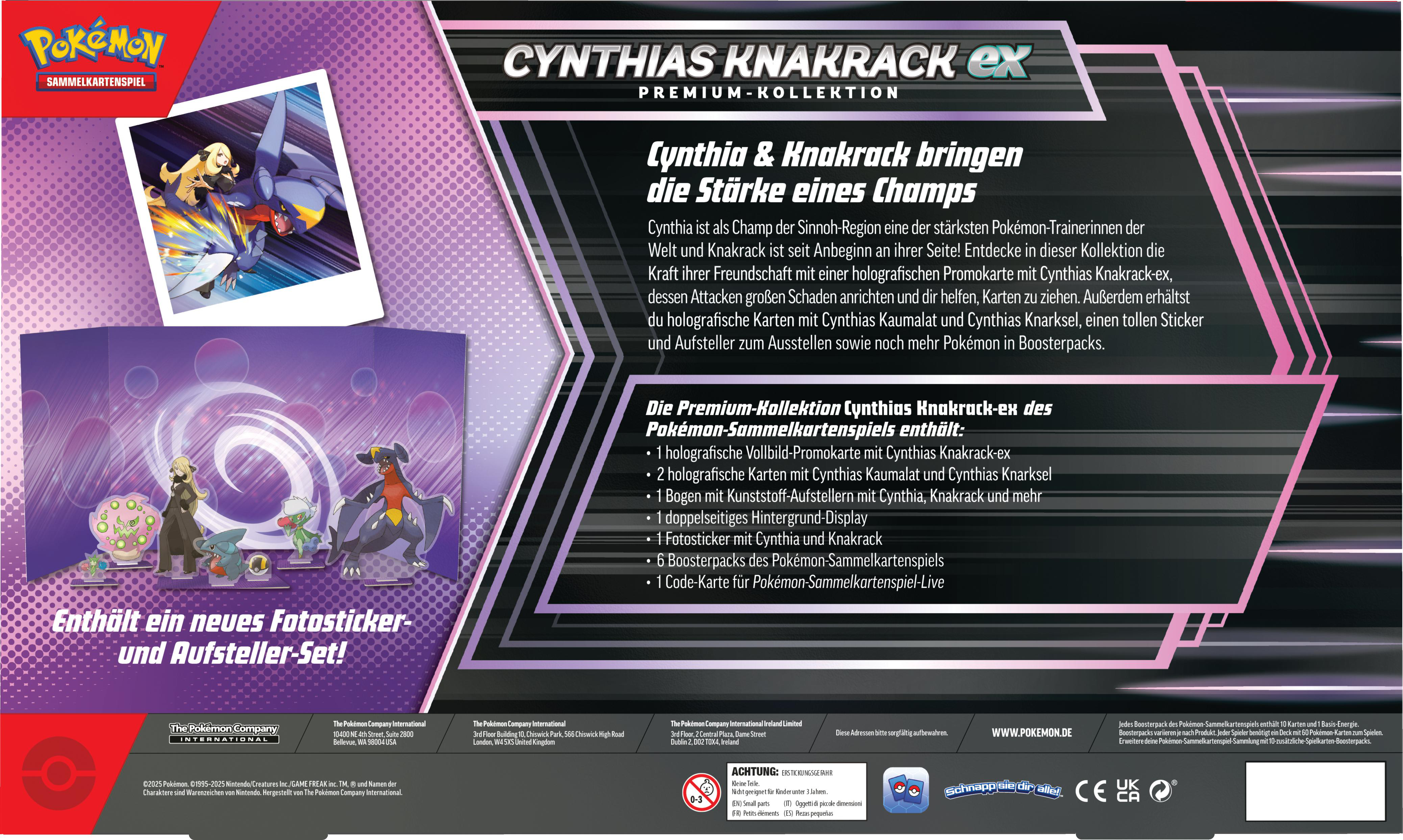 Pokemon-Sammelkartenverpackung. Enthält eine Box mit Text und Bildern von Pokemon-Charakteren.