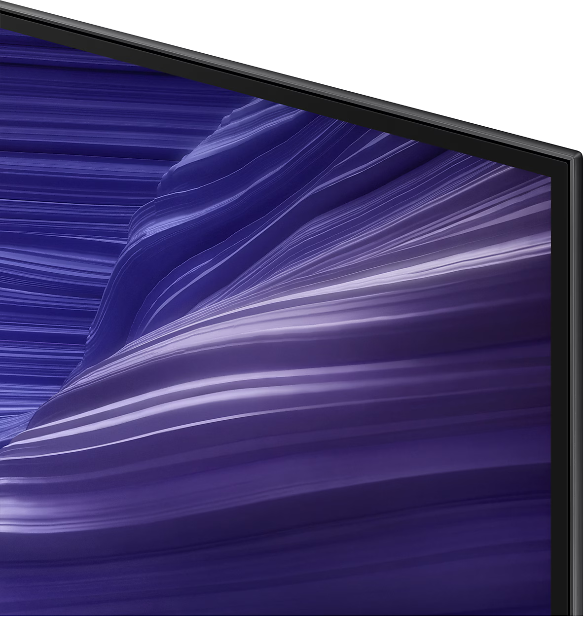 TV képernyő közelképe kék-lila örvénylő absztrakt dizájnnal.