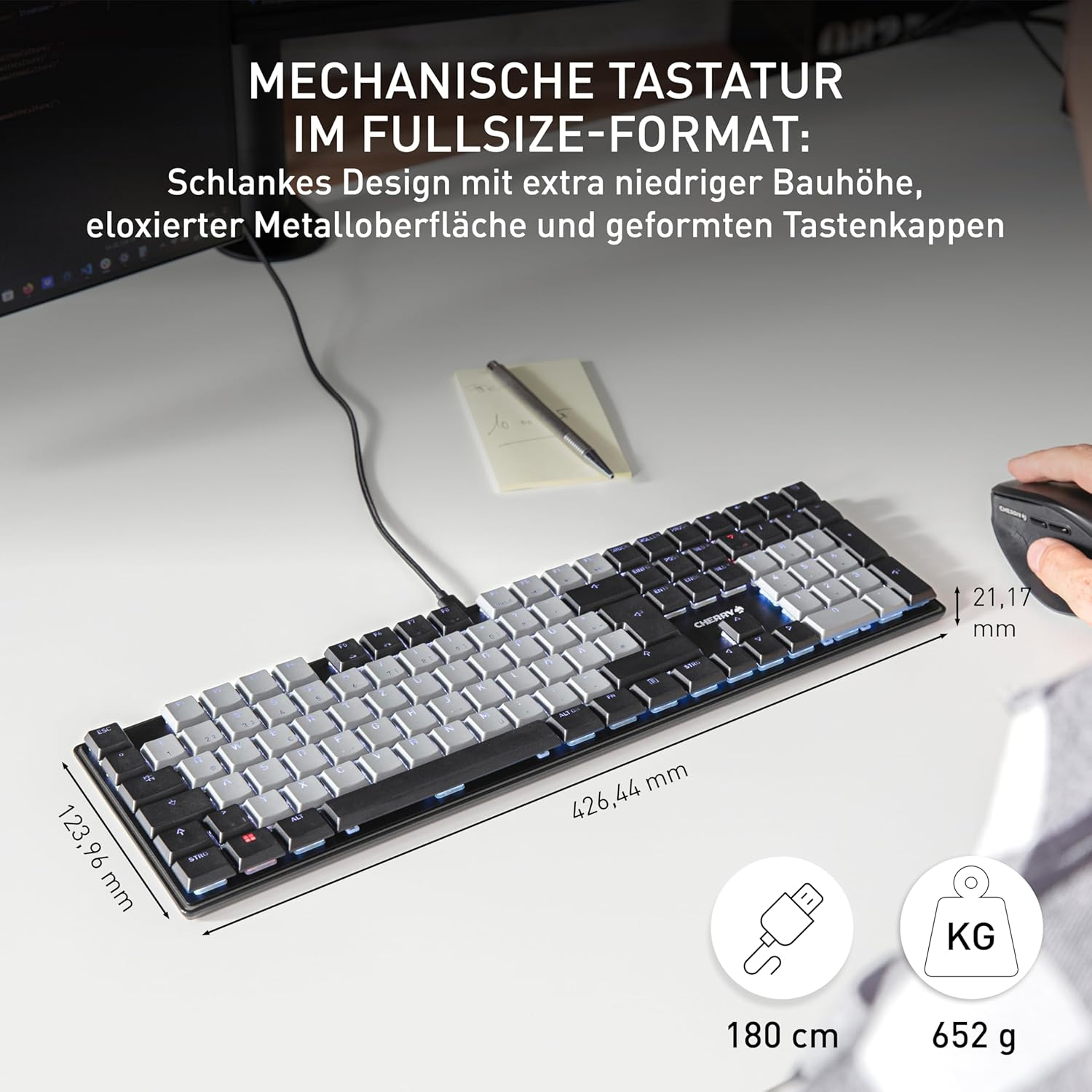 Schwarz-weiße mechanische Tastatur mit Abmessungen auf weißem Hintergrund.