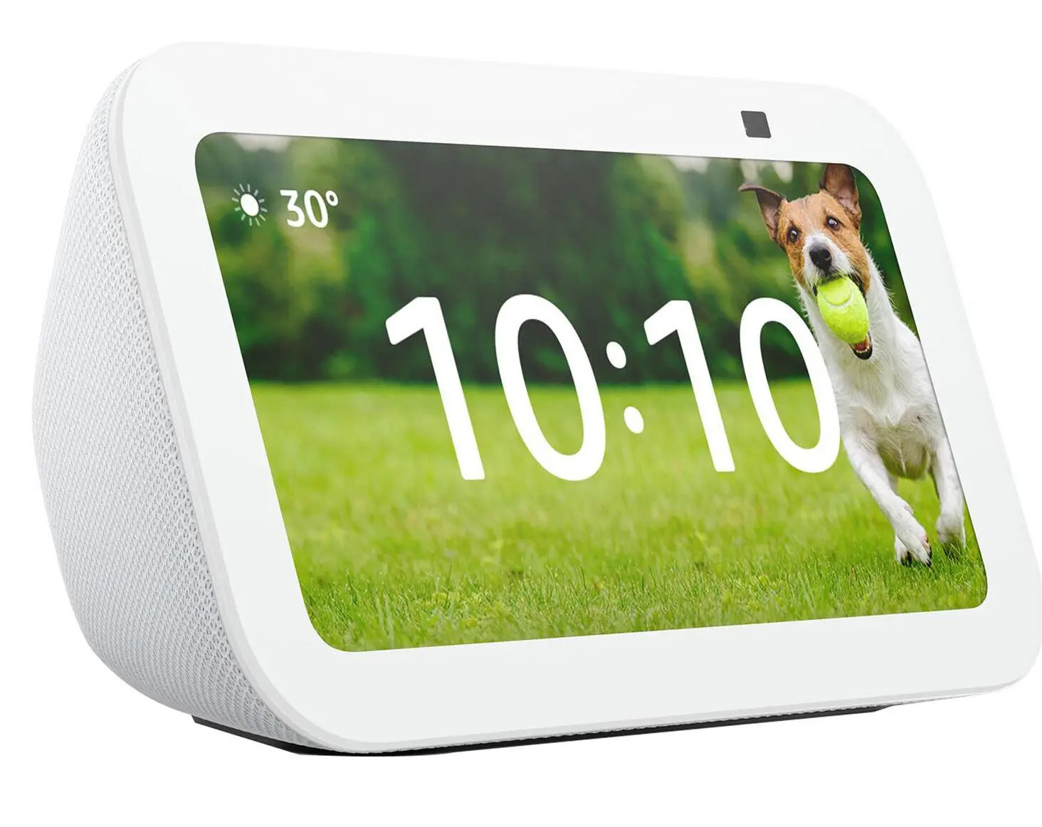 Biały inteligentny wyświetlacz z godziną 10:10 i psem z piłką tenisową na ekranie.