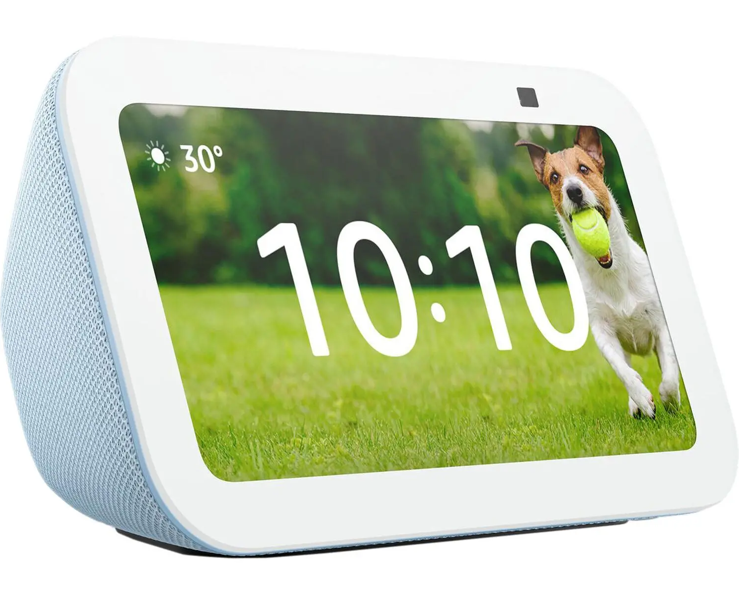 Biały inteligentny wyświetlacz z godziną 10:10 i psem z piłką tenisową na ekranie.